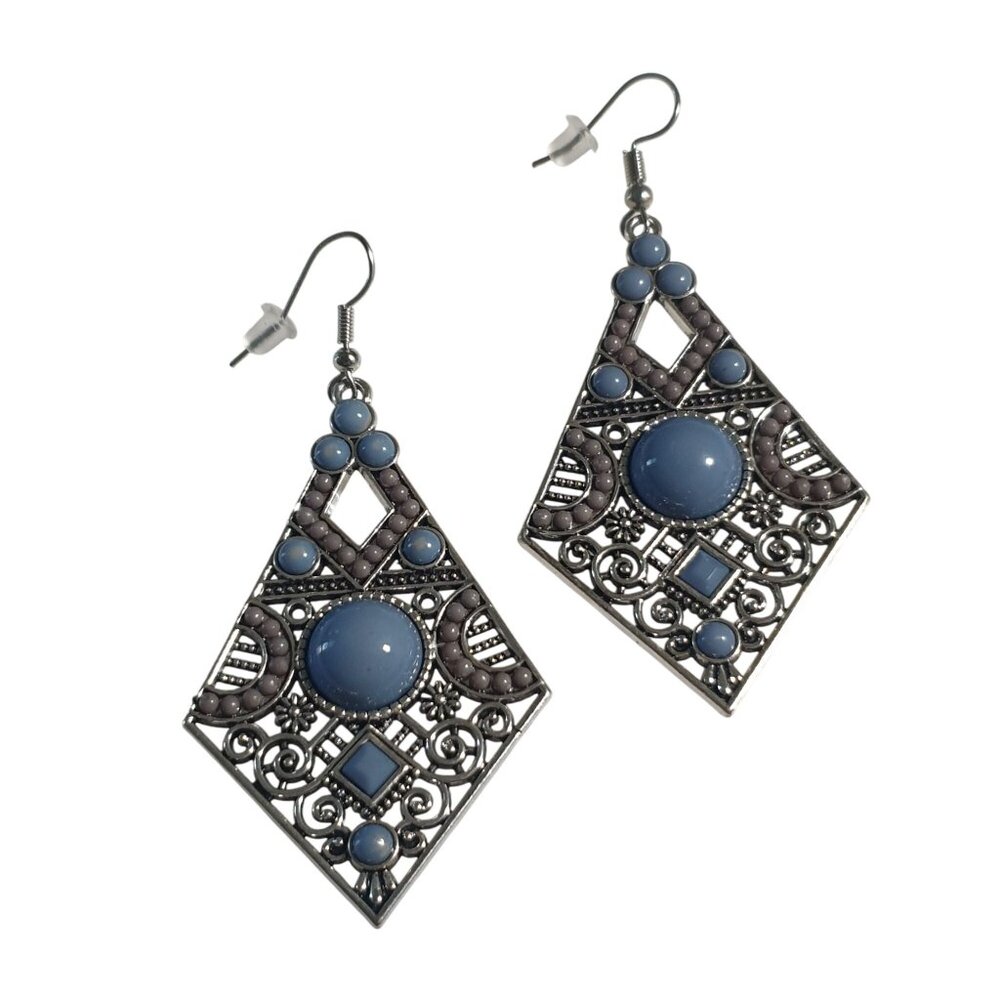 Silver Tone Filigree Dangle Earrings Blue Accents Geometric Boho Beach Core